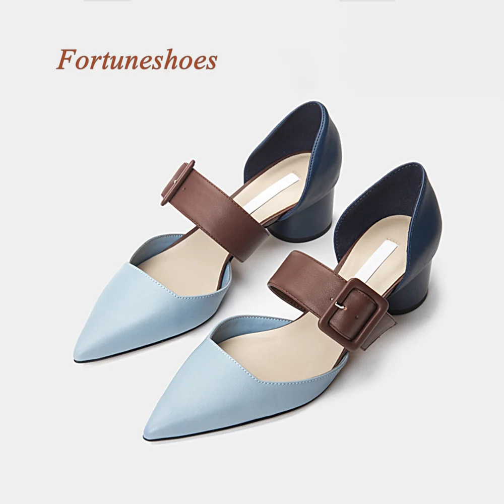 

Pointed Toe Chunky Heel Shoes Spring/autumn 2024 New Arrivals Fashion Casual Shoes One Word Belt Buckle Patchwork Women Sandals