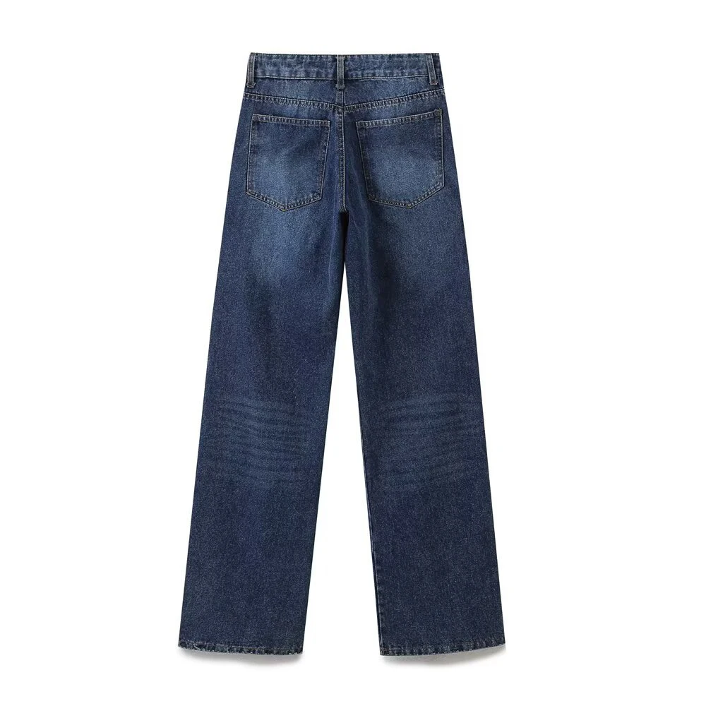 Dark Denim Stripe Wide Leg Pants Mid-Rise Denim Trousers Classic Design Pant Casual Women's Bottoms Daily Commute Wear
