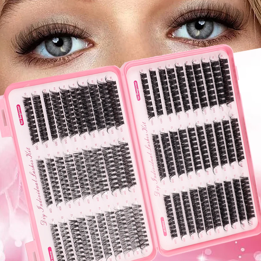 570-piece Luxury Eyelash Kit - Reusable DIY Cluster Lashes, D-Curl 10~18mm Mixed, Fluffy Cluster with 6 Densities (30D-100D), Su