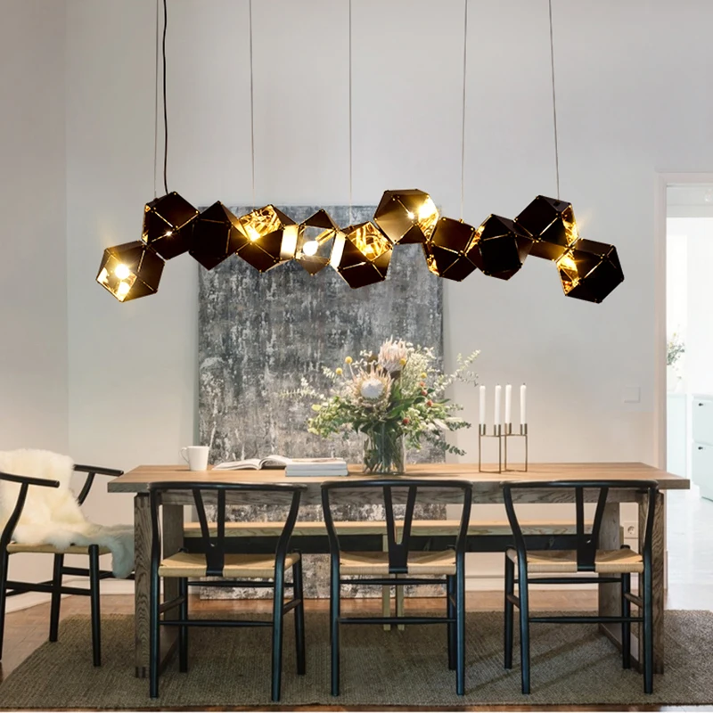 Elegant Art Deco Wavy Black Gold Geometric Faceted Metal Linear Suspension Chandelier for Dining Living Room Home Decor