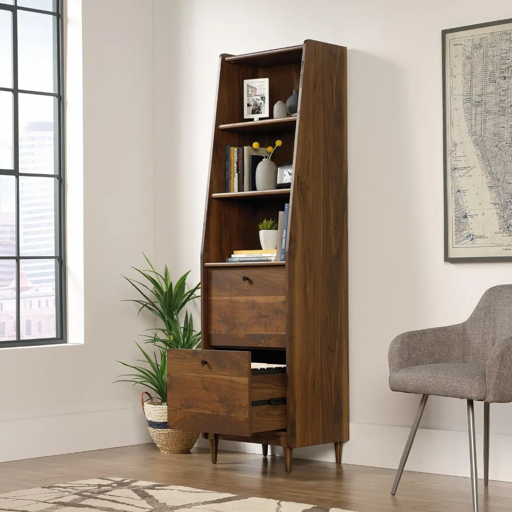 Mid-Century Modern Tall Narrow Bookcase with Drawers in Grand Walnut Finish by Sauder Harvey Park