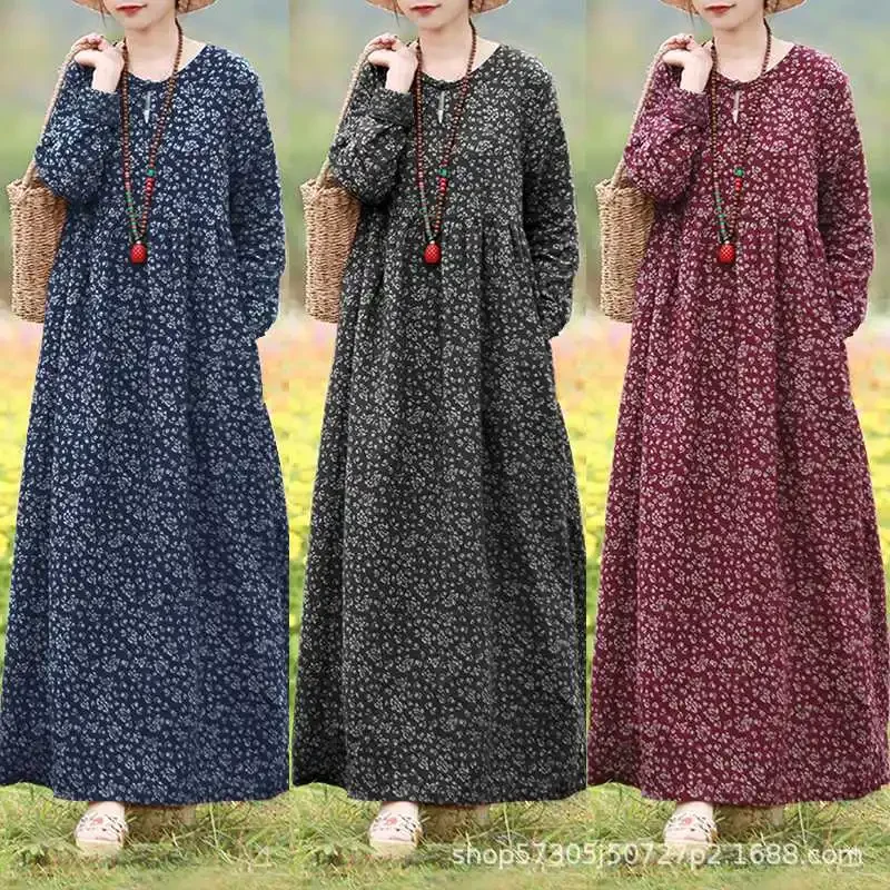 Women Fashion Floral Muslim Dress Vintage Printed Dress Loose Middle Eastern Robe Casual Long Sleeve Abayas for Women Vestidos