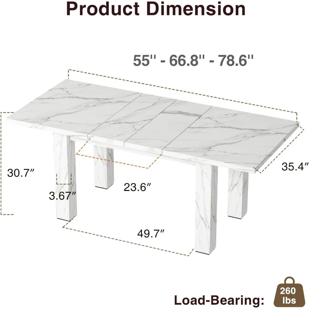 مقاعد طاولة طعام قابلة للتمديد 6-10، 55-78 بوصة طاولة مطبخ خشبية، مستطيلة حديثة في منتصف القرن قابلة للتوسيع