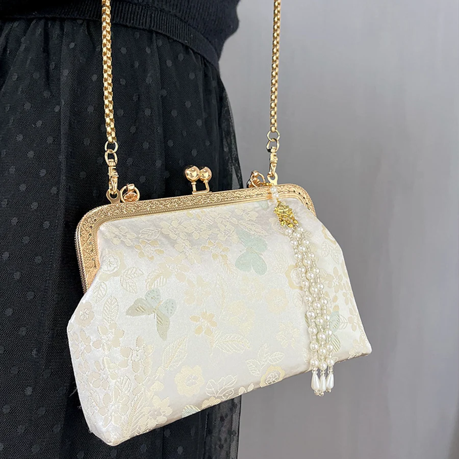 

Retro Embroidered Evening Handbags Metal Handle Clutch Purse All-Match Clip Dinner Party Bags Women Chain Shoulder Messenger Bag