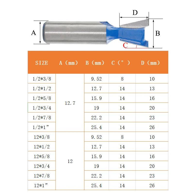 10PC/Set 1/2" 12.7MM 12MM Shank Milling Cutter Wood Carving Dovetail Joint Router Bit 14 Degree Woodworking Engraving Bit Cutter