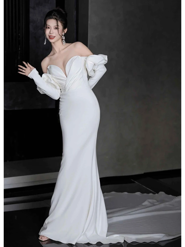 Wedding Dresses Full Sleevees Classic Satin Strapless Wedding Dress With Court Train Zipper Back Mermaid Wedding Dress 2024