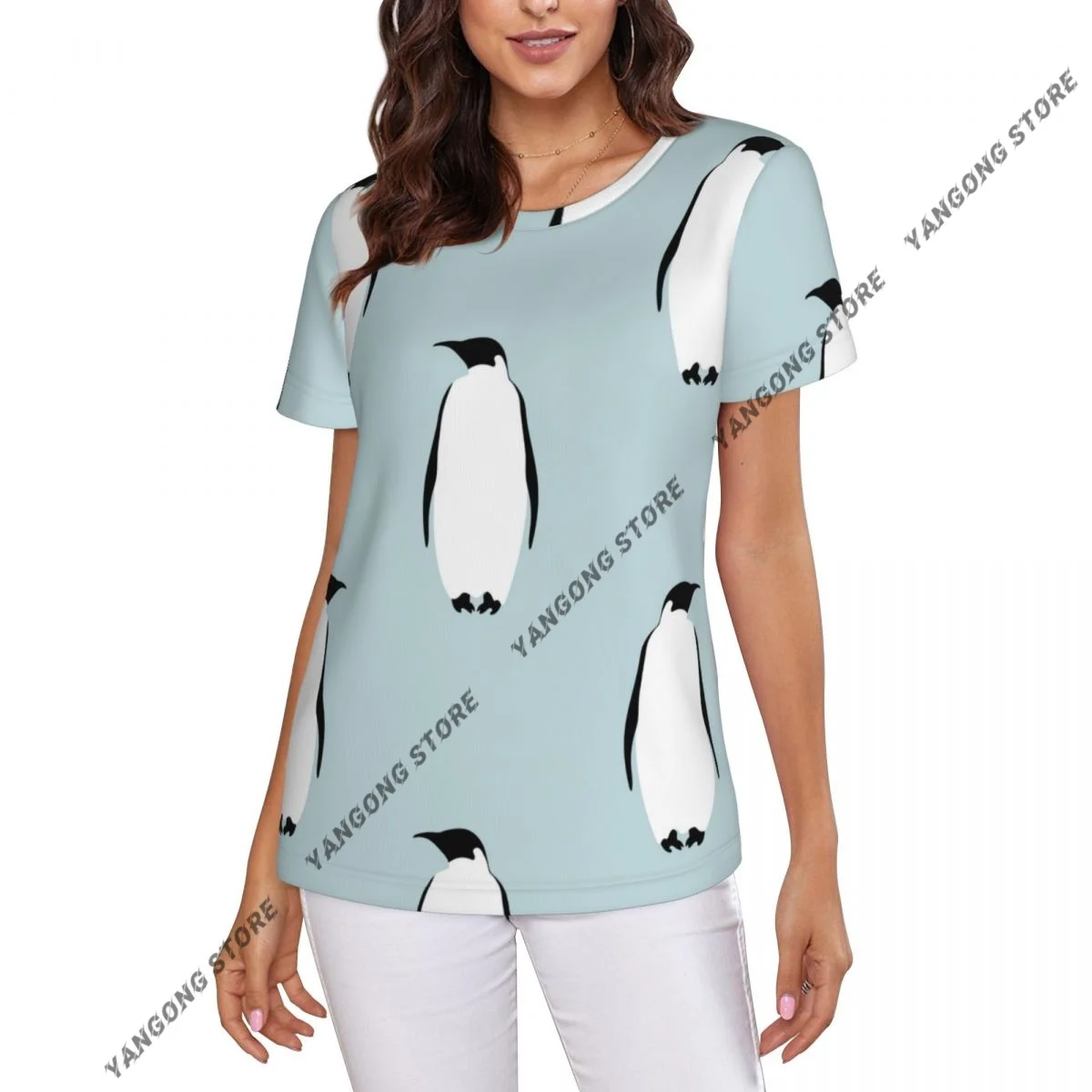 Women's T-shirt ladies casual Penguins Print female T-shirt short-sleeved T-shirt summer thin tops