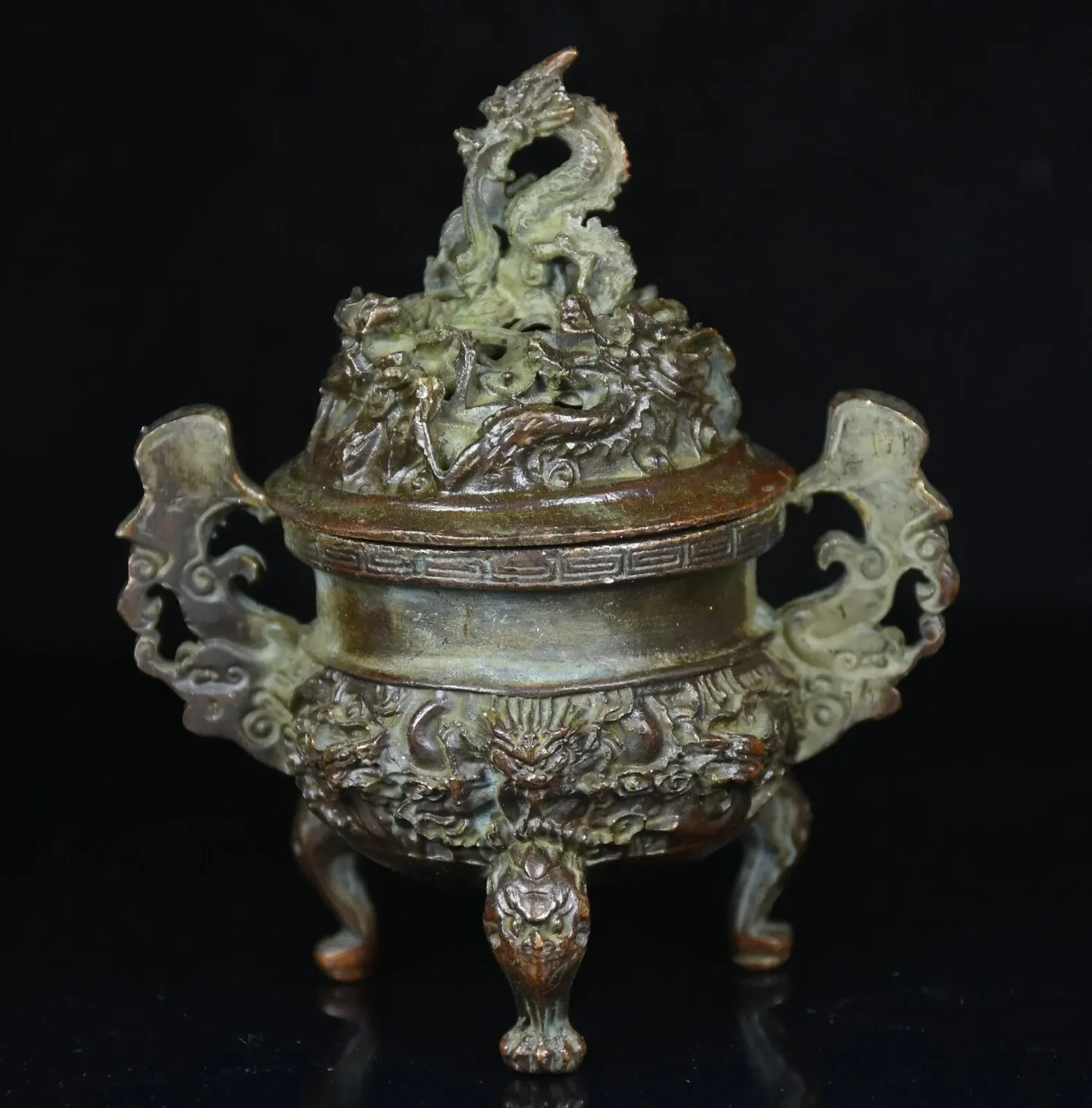 Encensoir brûleur d'encens à 2 oreilles, 9.5cm, vieux copoper de chine, palais de la Dyansty Dragon
