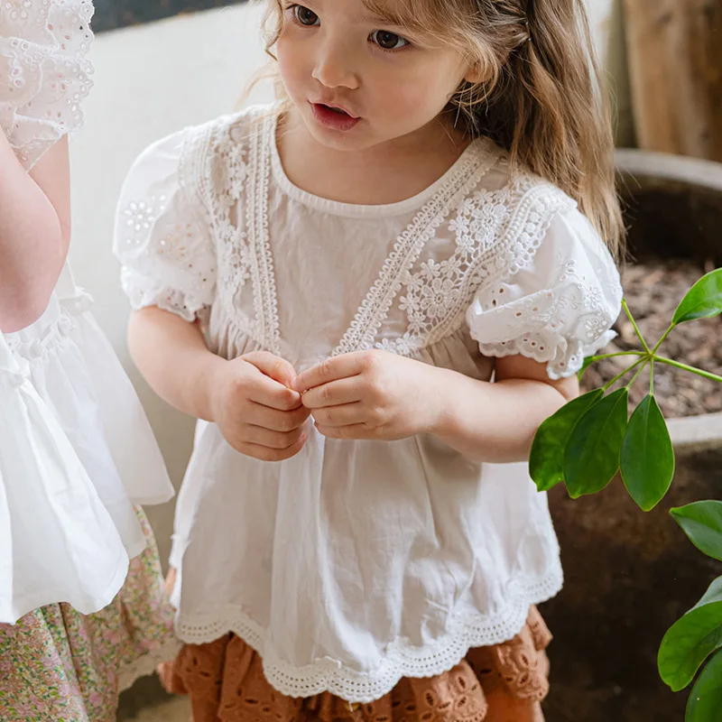 2024 Summer Korean Style  Girls and Children\'s Sweet and Cute Cotton Bubble Sleeves Short Sleeved Shirt