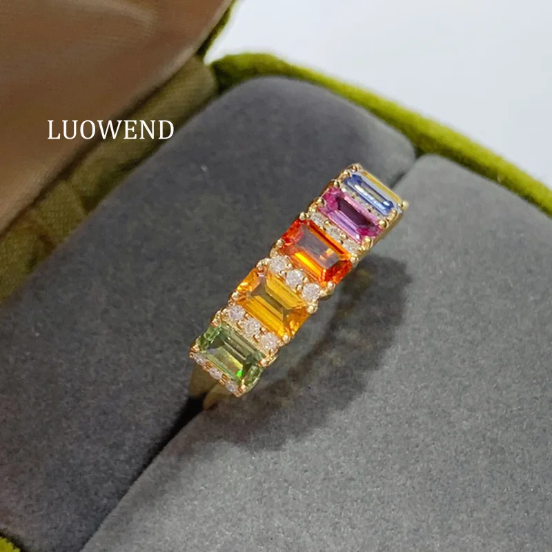 LUOWEND 100% 18K Yellow Gold Rings Luxury Elegant Style Natural Diamond Natural Sapphire Ring for Women High Party Jewelry