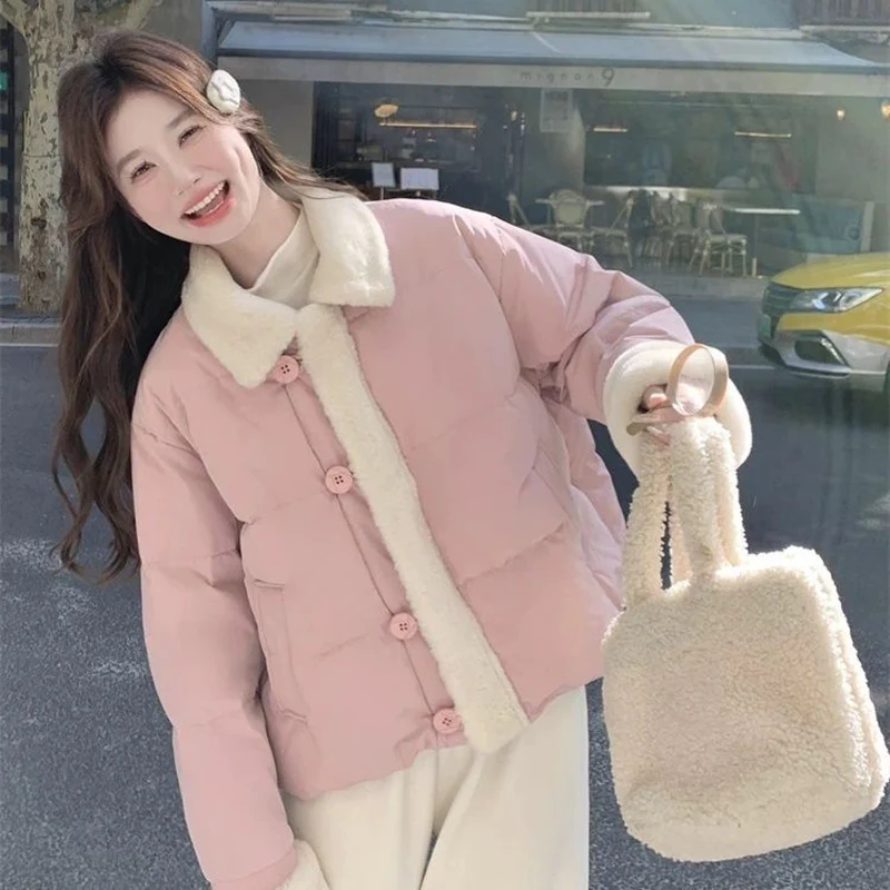 2025 New Short Down Cotton Jacket Women Autumn Winter Blue Lamb Wool Splicing Windproof Warm Overcoat Student Loose Coats