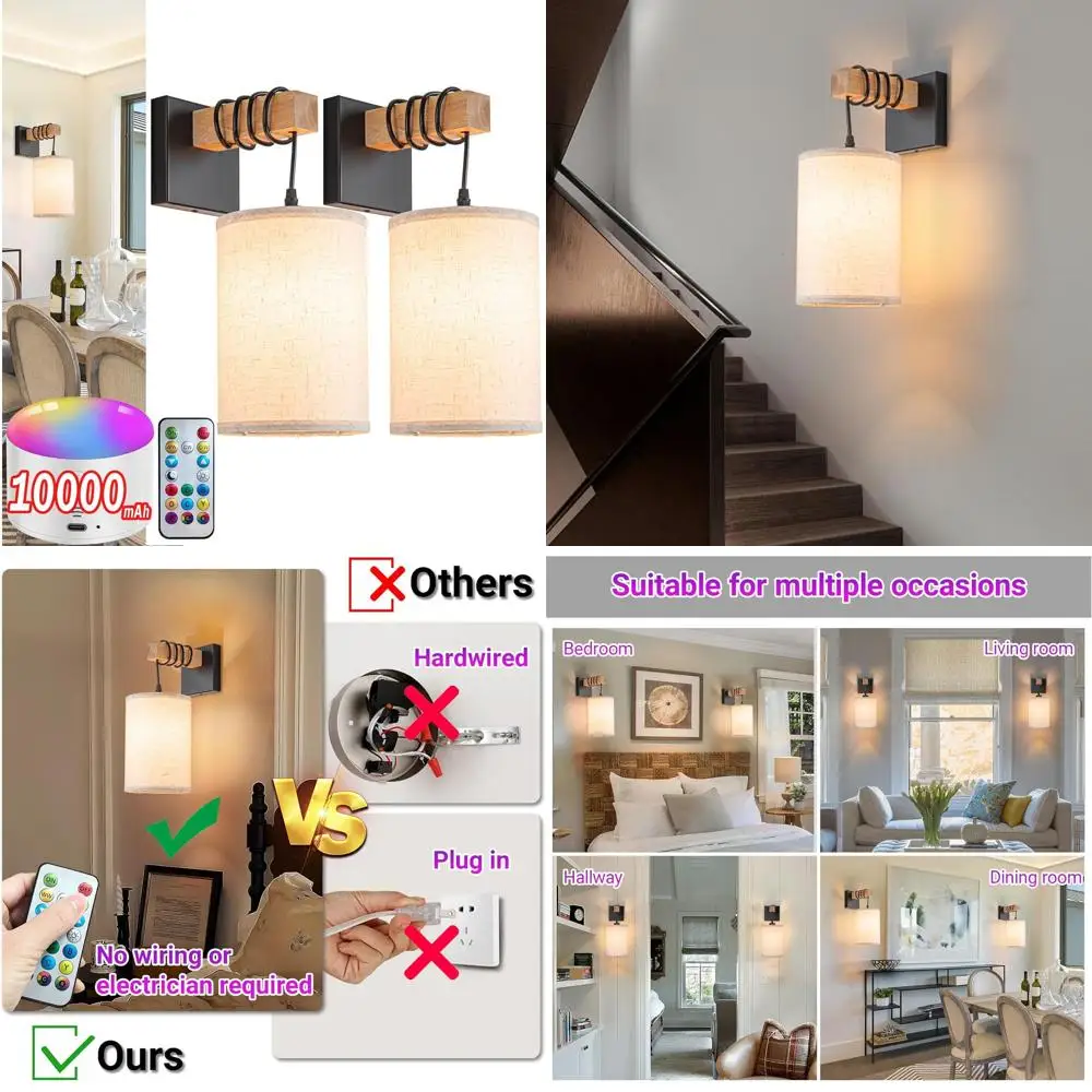 

Pair of Cordless Wall Sconces with Rechargeable RGB Lights and Remote, Dimmable for Home Decor