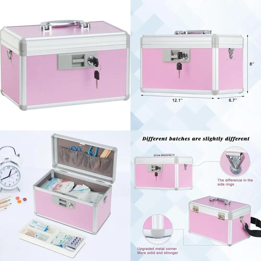 

Pink Family Medication Storage Box, Aluminum Layered Lock Box for Daily Use, 12.2x7.9x7.5 Inches