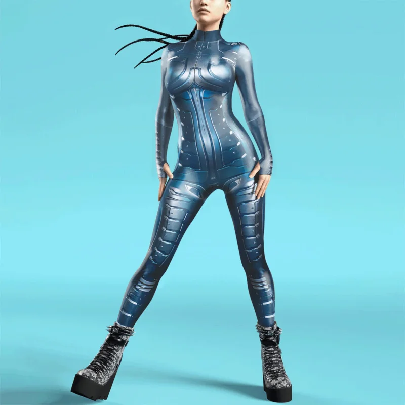 Frauen 3d Rüstung drucken Overall Kleidung Textur Punk Zentai Erwachsenen Bodysuit Daumen Reiß verschluss Ärmel Cosplay Kostüm Halloween-Outfit