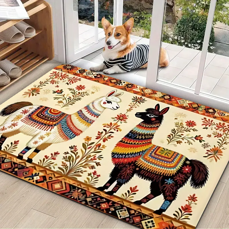 Cute Llama Alpaca Pattern Doormat Welcome Mat Boho Southwestern Tribal Area Rug for Entryway Nursery Bathroom Decoration