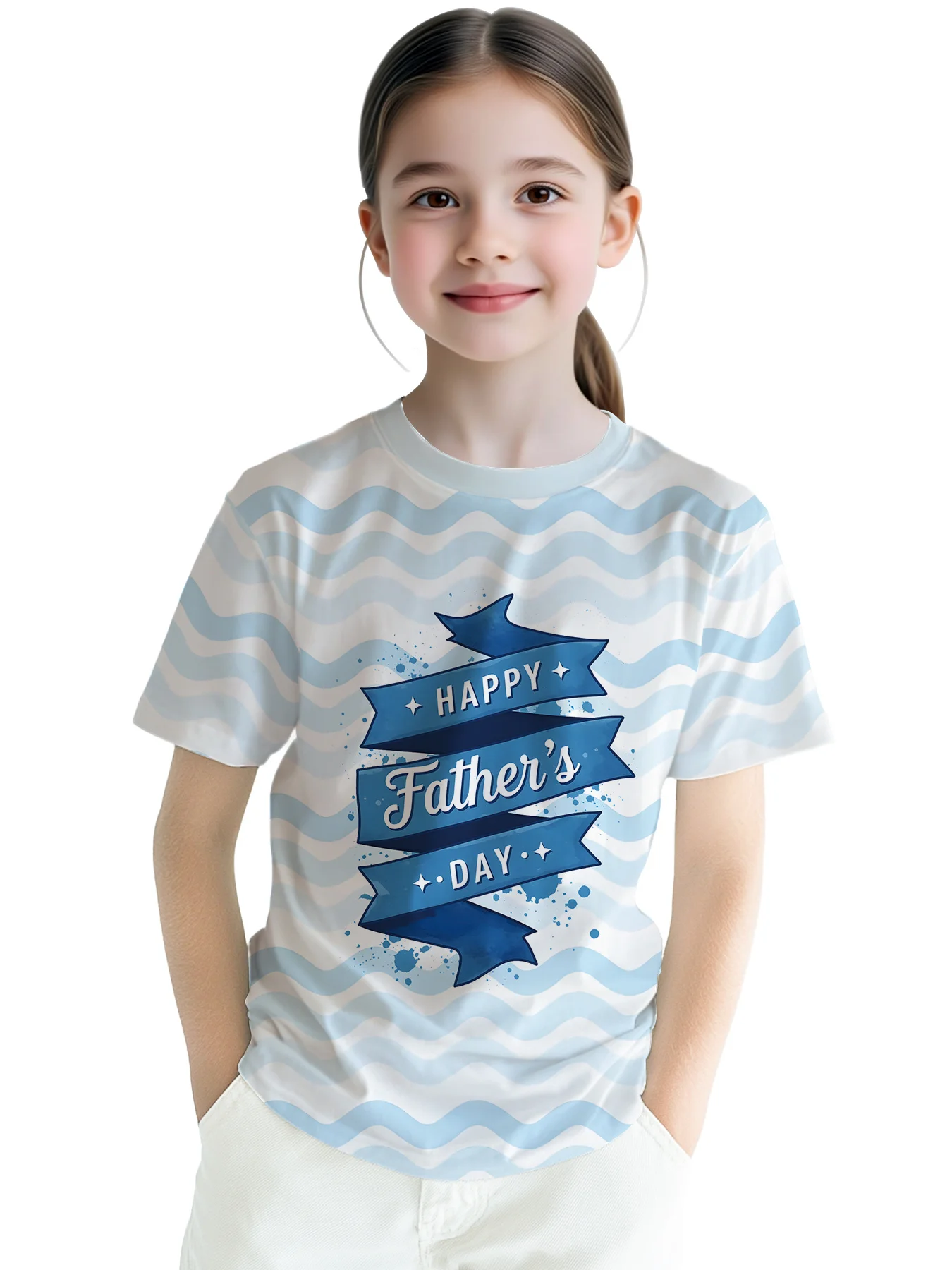 Girls Holiday Themed T-Shirt, Light Blue Wave Base with Happy Father's Day Ribbon Casual Kids Graphic Top