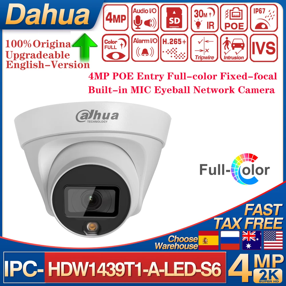 Original Dahua 4MP POE IPC-HDW1439T1-A-LED-S6 Entry Full-color Fixed-focal Eyeball Network Camera Built-in MIC Motion Detectio