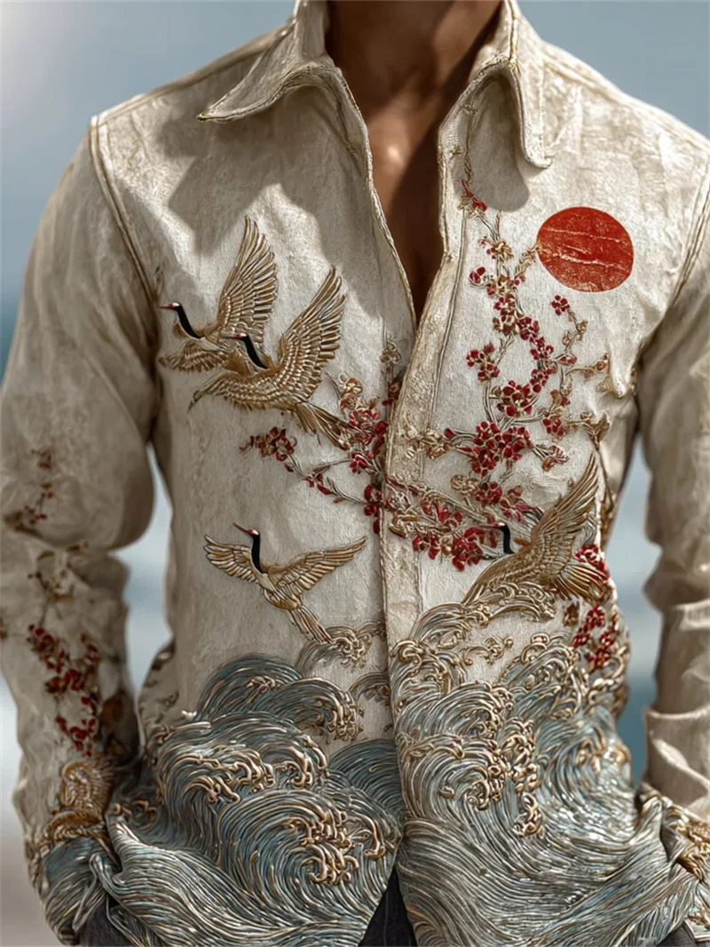 Men's Casual 3D Animal & Flower Print Long Sleeve Lapel Button Shirt Hawaiian Style