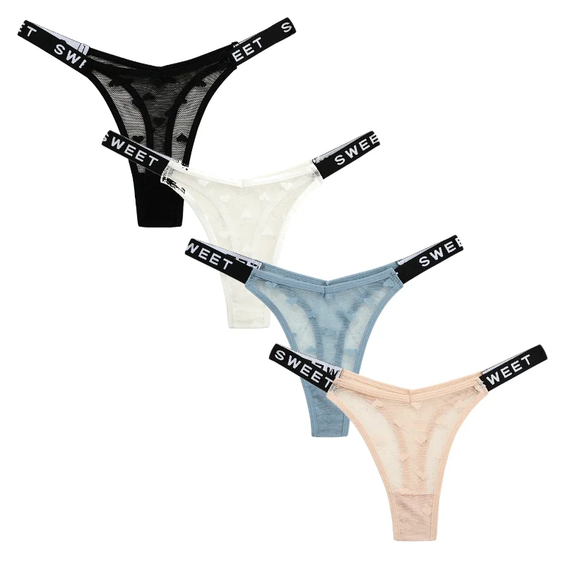 TrowBridge 4-teiliges Set Damen Niedriggeschnittene Netz-Stringtangas Sexy Damenunterwäsche Elastischer Bund Transparente Damen-T-Backs