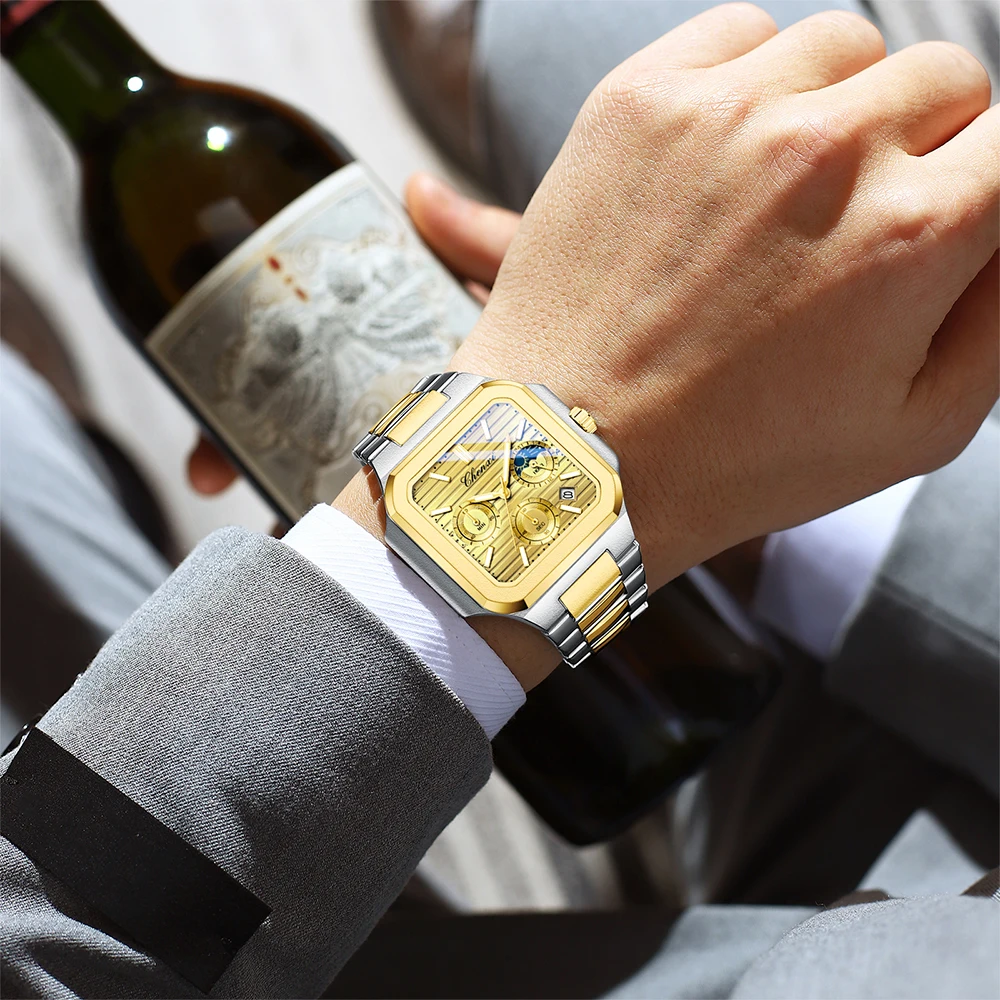 CHENXI Orologi d'oro da uomo Calendario luminoso con fasi lunari Orologio da uomo al quarzo Cronografo da uomo impermeabile da lavoro