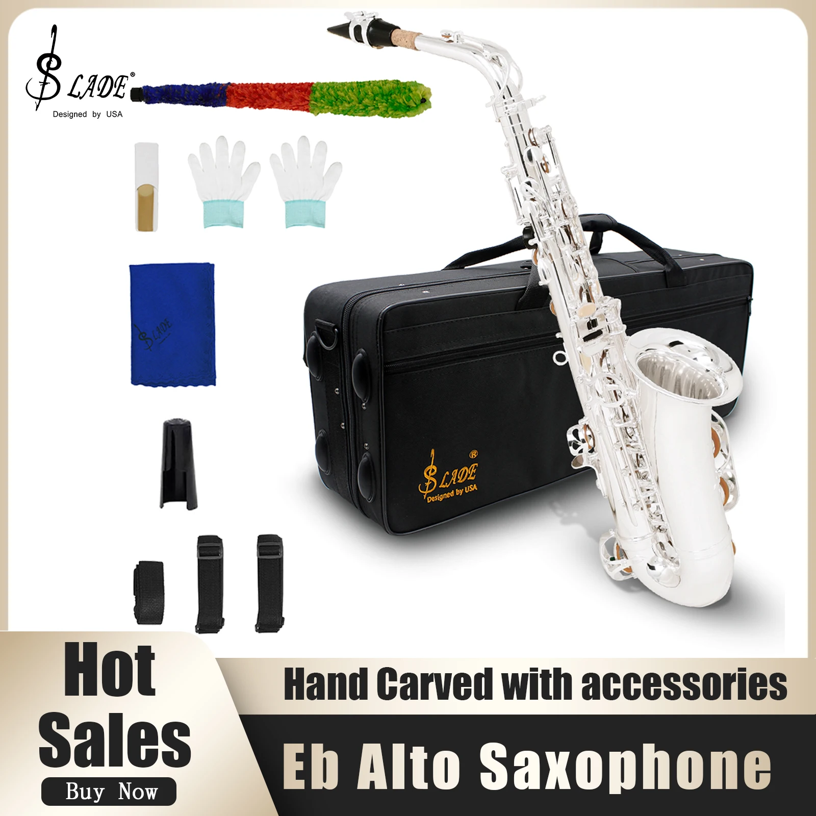 SLADE Eb Alto Saxophone Brass Engraved White Shell Keys Saxophone Woodwinds Musical Instruments with Accessories Alto Saxophone