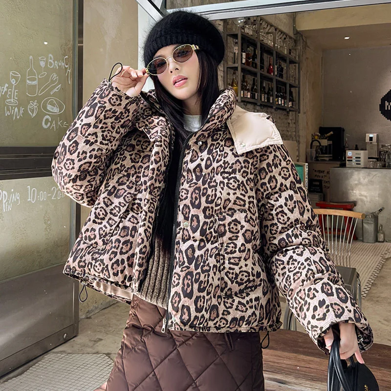 Winter New Winter Leopard Print Fashion Woman Coat Turn Down Collar Hooded Zipper Padded Puffer Short Outerwear Casual Clothes