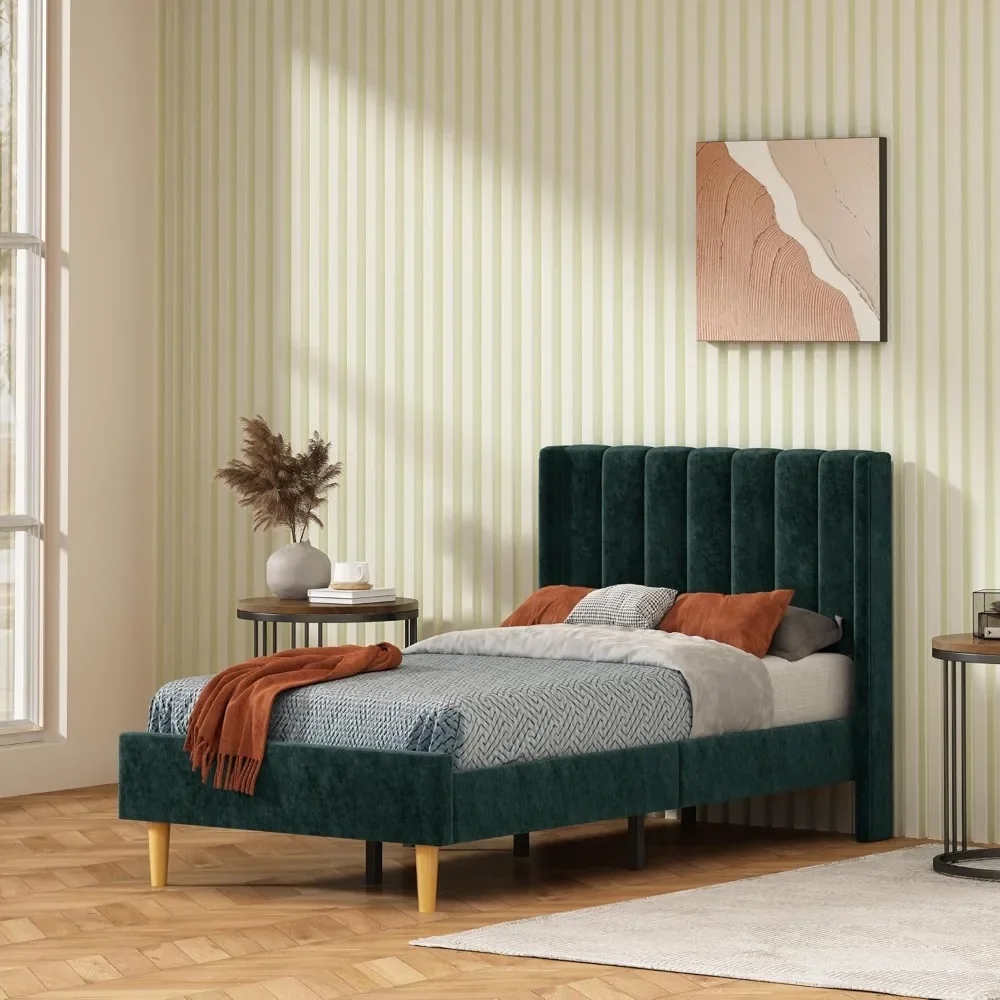 

Twin Size Bed Frame, Velvet Upholstered Platform Bed with Vertical Channel Tufted Wingback Headboard, Wooden Slats, Customized