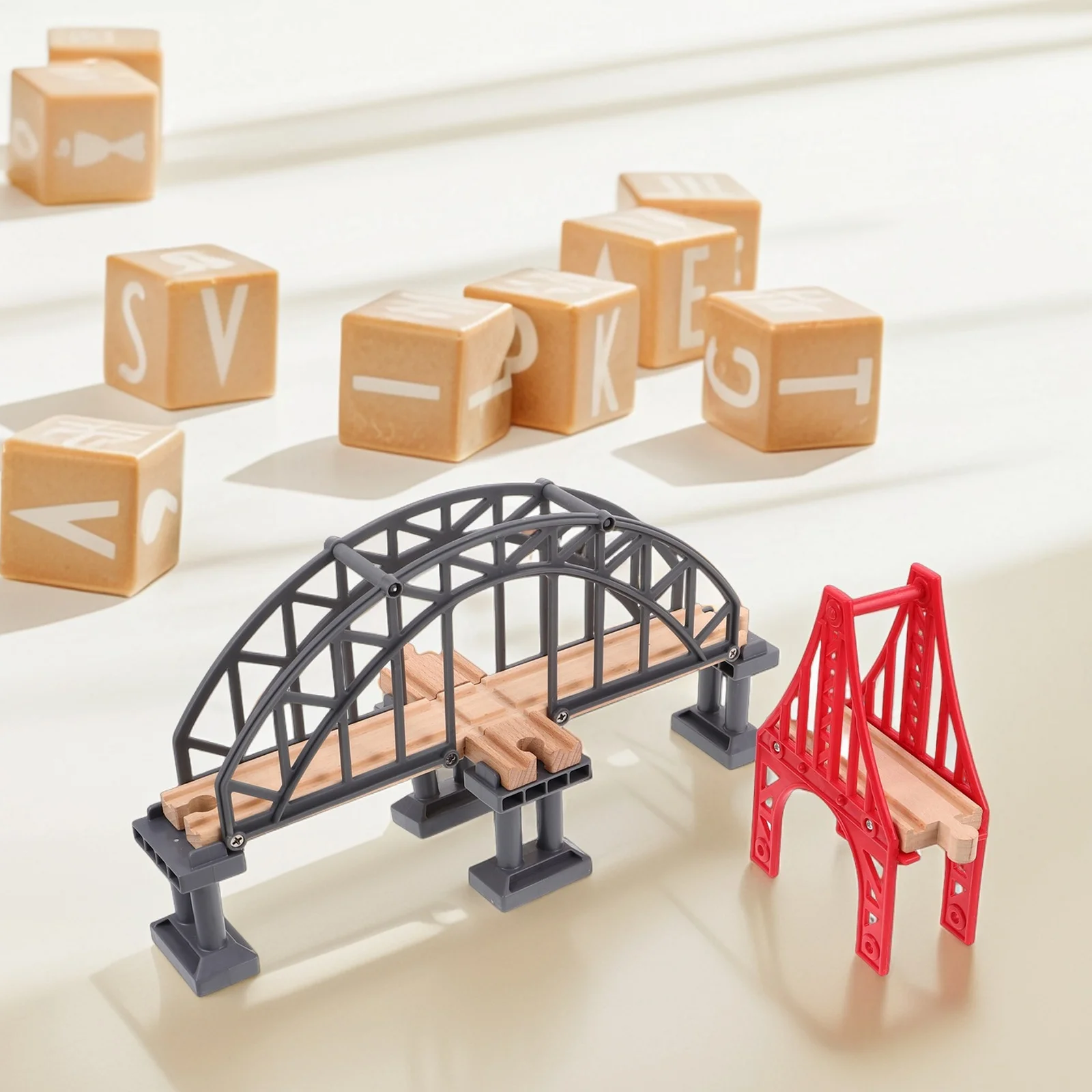 2pcs Wooden Train Track Bridge Set For Kids Railway Layout Accessories Suspension Support Creative Play Educational Montessori