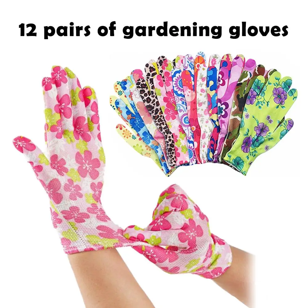 

12 pairs Yard Cleaning Palm-Coated Floral Garden Gloves Women Non-Slip Working Gloves Non-Slip Household Labor Protection Gloves