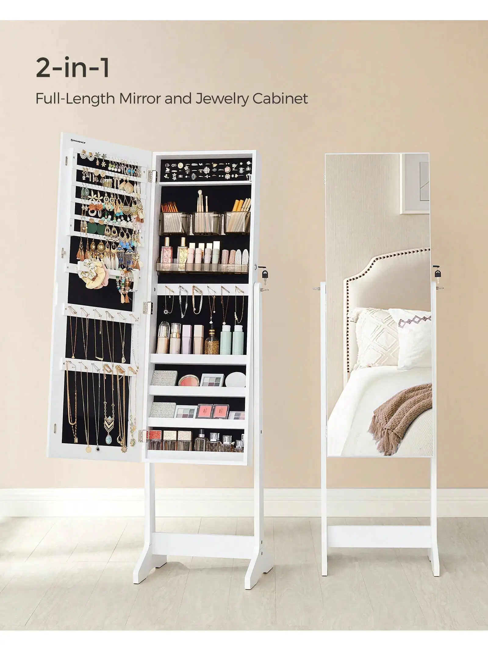 SONGMICS Jewelry Cabinet Armoire, Lockable Storage with Cosmetic Storage, Full-Length Mirror, Necklace Earring Organizer, White