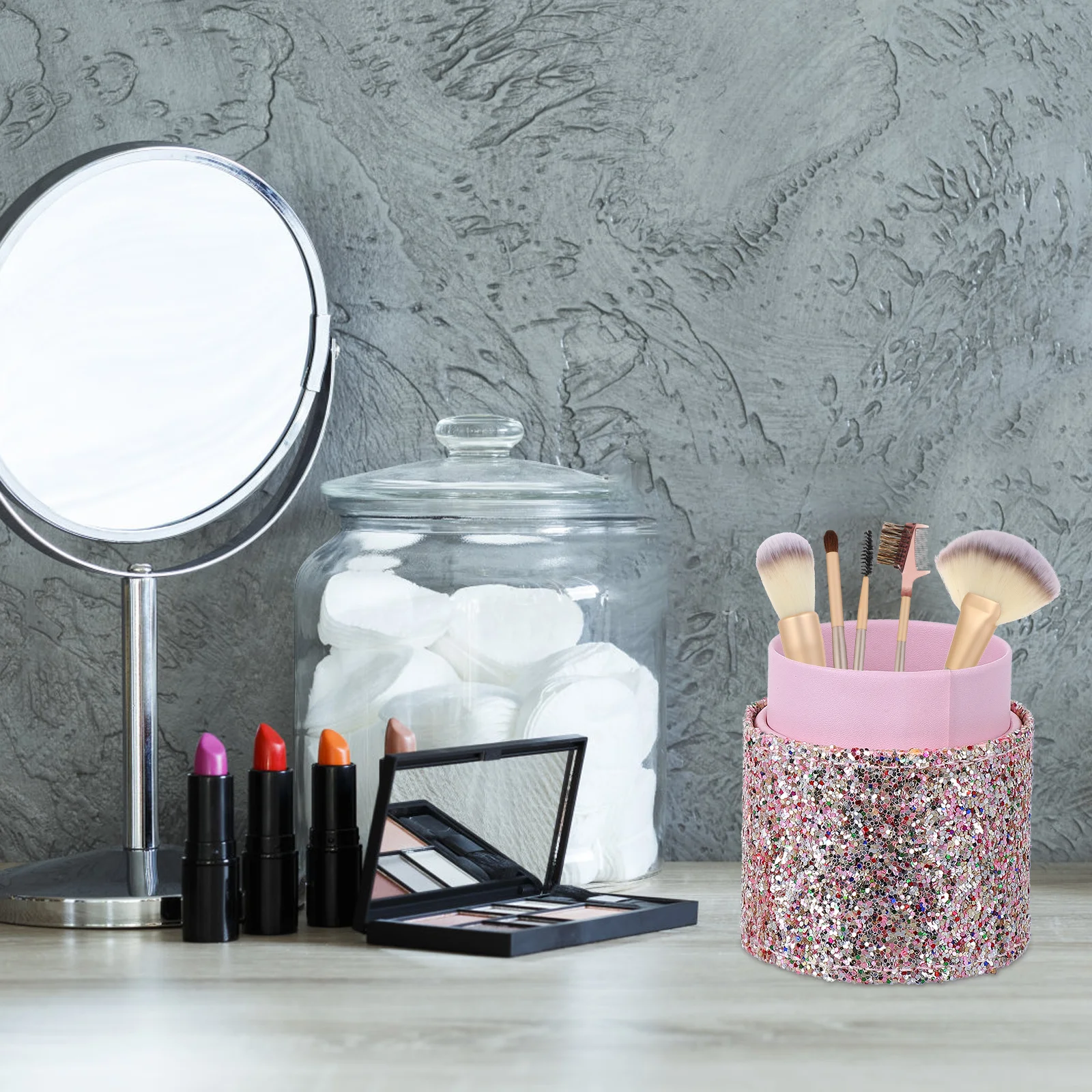 Two-Cup Glitter Makeup Box Organizer for Makeup Brushes and Cosmetics Storage Holds Medium Small Tools Portable Beauty