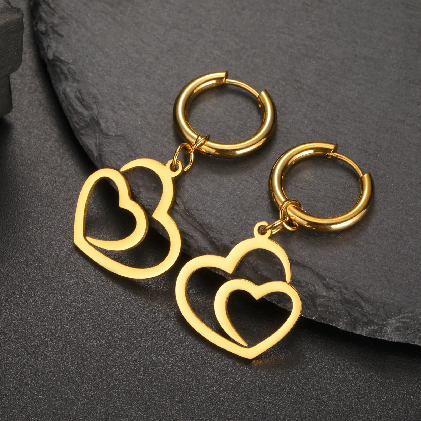 COOLTIME Double Love Heart Drop Earrings for Women Stainless Steel ﻿Gold Color Fashion Wedding Earrings Jewelry Pretty Gift