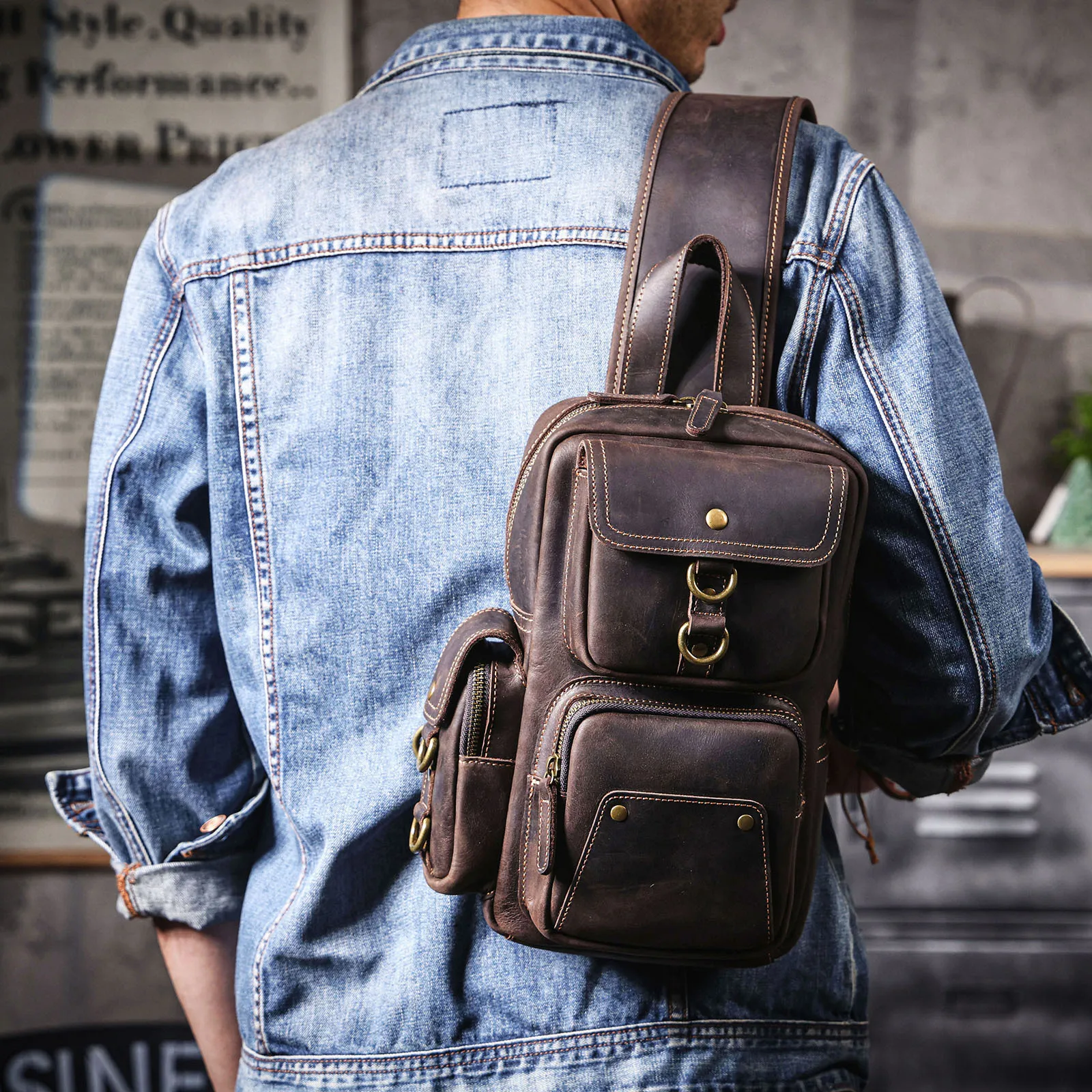 casual sports high-quality crazy horse cowhide men chest bag weekend party luxury genuine leather motorcycle diagonal bag