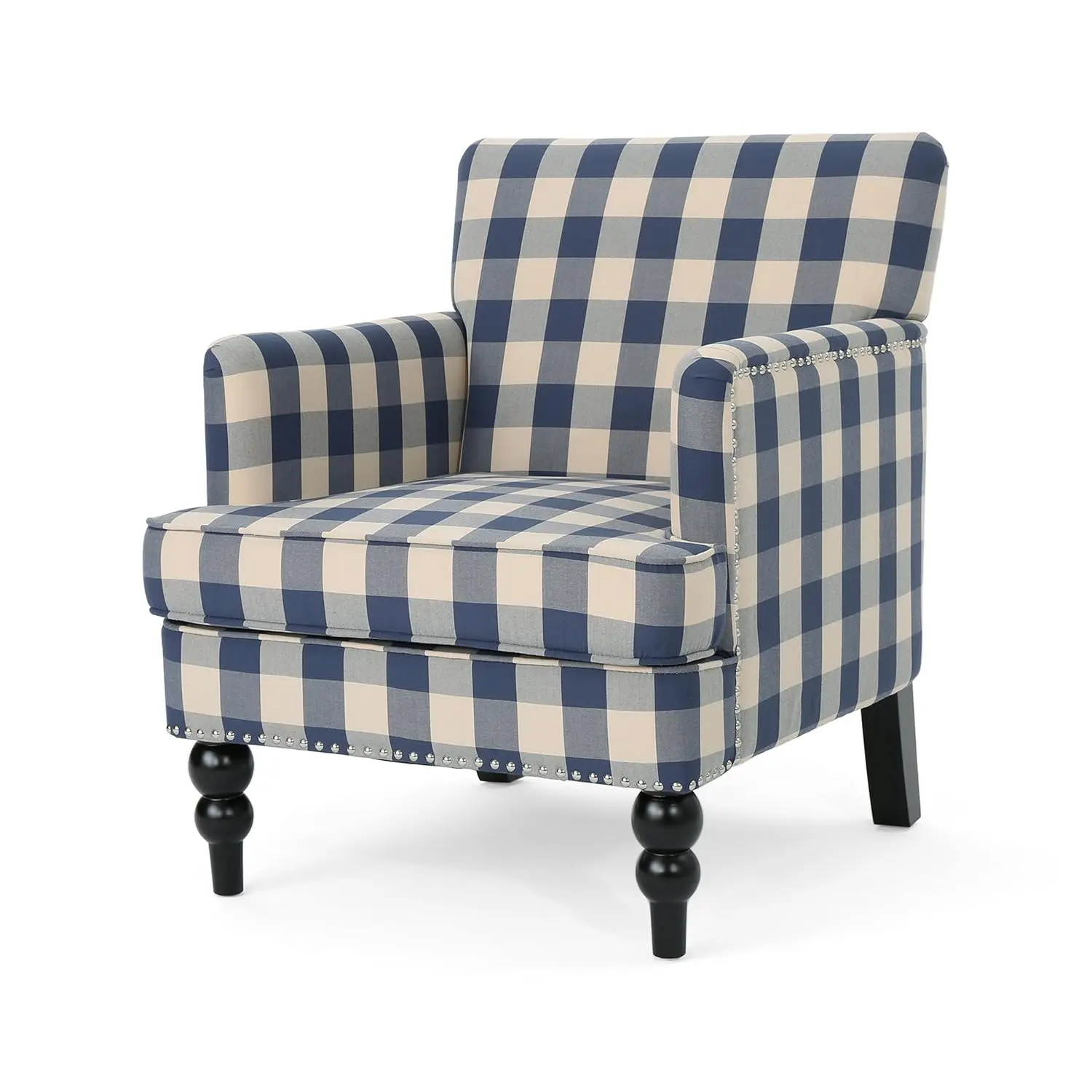 Tufted Fabric Club Chair, Blue Checkerboard Pattern, Dark Brown Legs, 32D x 28.75W x 34.5H in, Customized