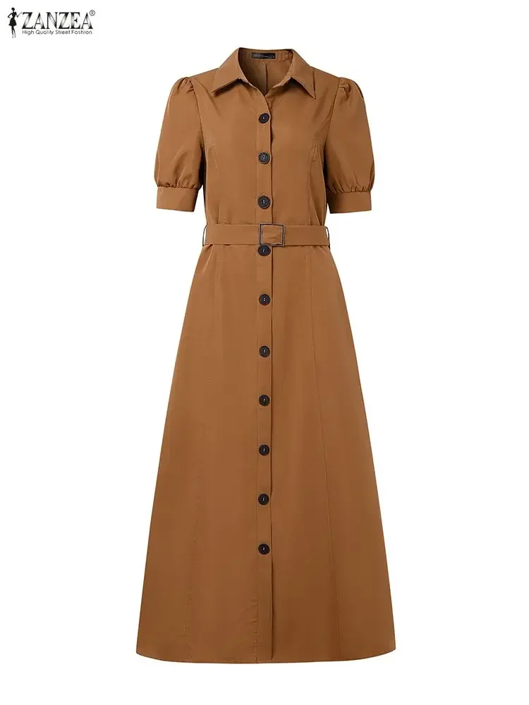 ZANZEA فستان طويل أنيق للنساء للحفلات مع حزام 2025 صيفي سادة بأكمام قصيرة لحفلات الزفاف ماكسي فيستدوس موضة طية صدر السترة قميص رداء