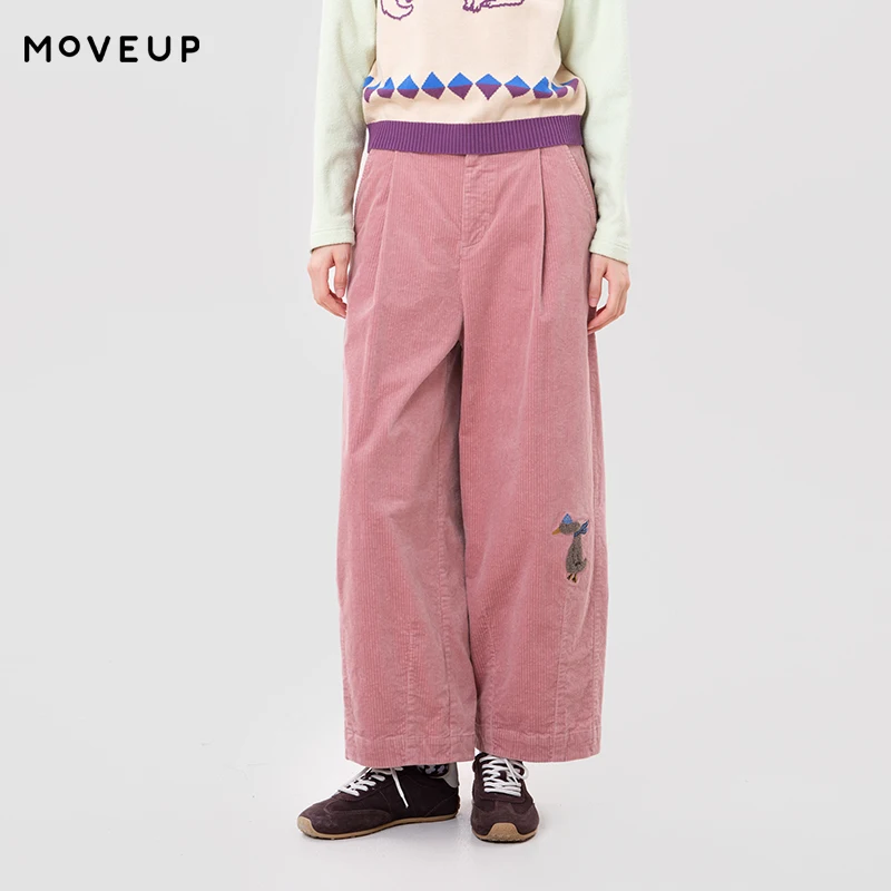 MOVEUP Women's Straight Leg Casual Pants Embroidered Elasticated Back Waist Trousers FUN Series 2026 Winter Clothing 3ELD20124