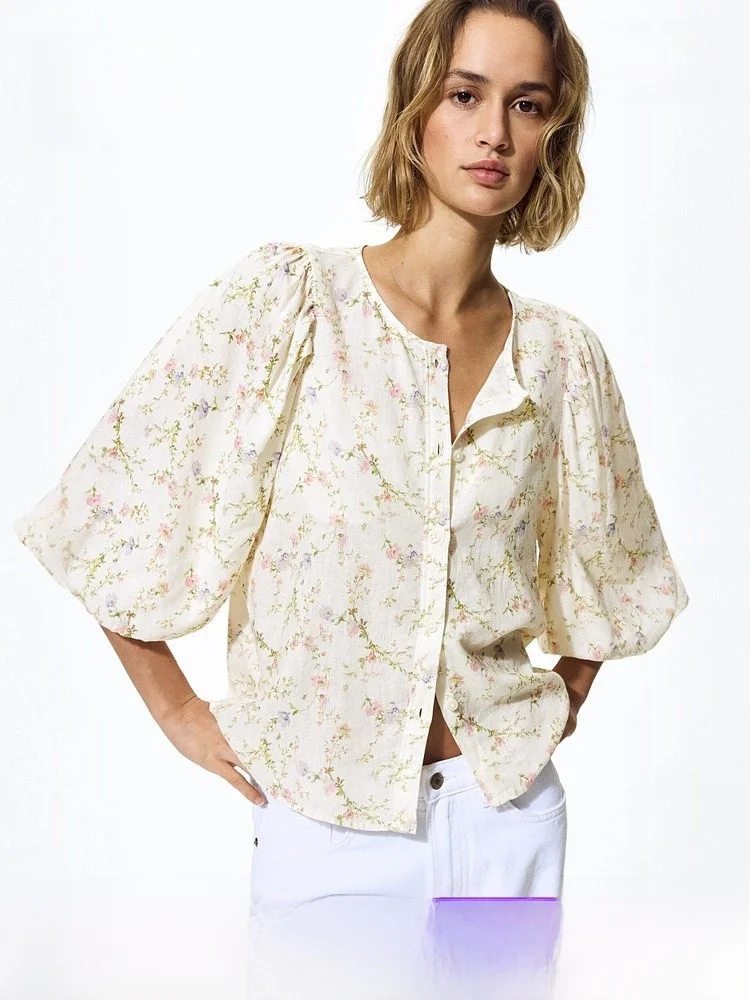 

H&M Women's Shirt Summer New Linen Blend Bubble Sleeve Countryside Style Floral Print Casual Fit Button up Knitwear 1256527