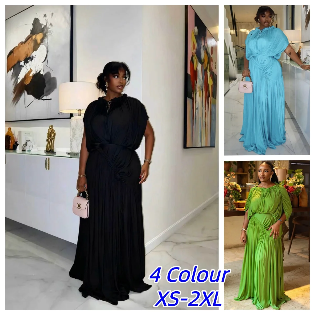 Langes Sommer-Partykleid Damen Hochgeschnittenes Drapiertes Schickes Himmelblau Kleid Gerades Einteiliges Lässiges Elegantes Maxikleid für den Abend