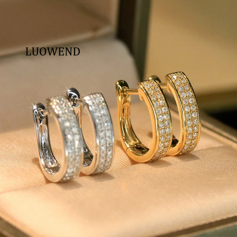 

LUOWEND 100% 18K White/Yellow Gold Earrings Women Fashion OL Style Real Natural Diamond Hoop Earrings Wedding Fine Jewelry Gift