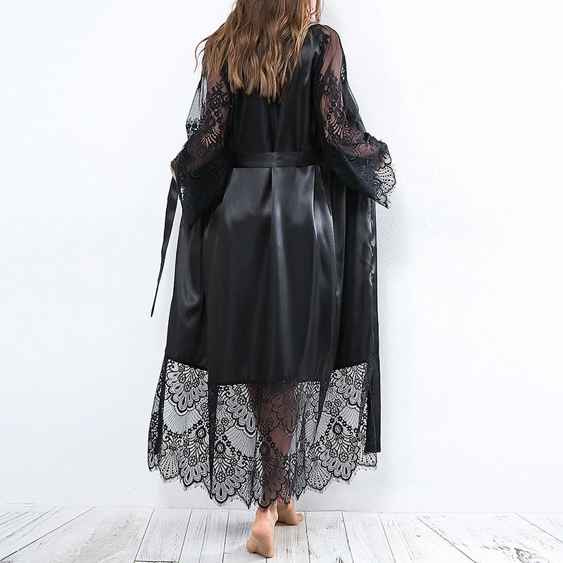 Sexy Women\'s Robe Night Dress Transparent Lace Long Sleeved Pajamas Embroidered Lace Skirt Hem Erotica Lingerie Sleepwear