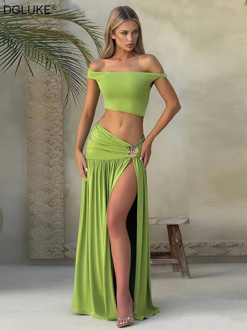 

DGLUKE Summer Top and Skirt Set 2 Piece Elegant Outfits For Women Applique Pleated Maxi Skirt Co ord Beach Party Outfit