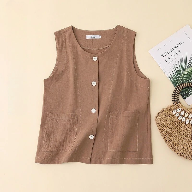

Retro Cotton Linen Sleeveless Vest Summer Casual Loose Round Neck Single-Breasted Comfortable Breathable Waistcoat