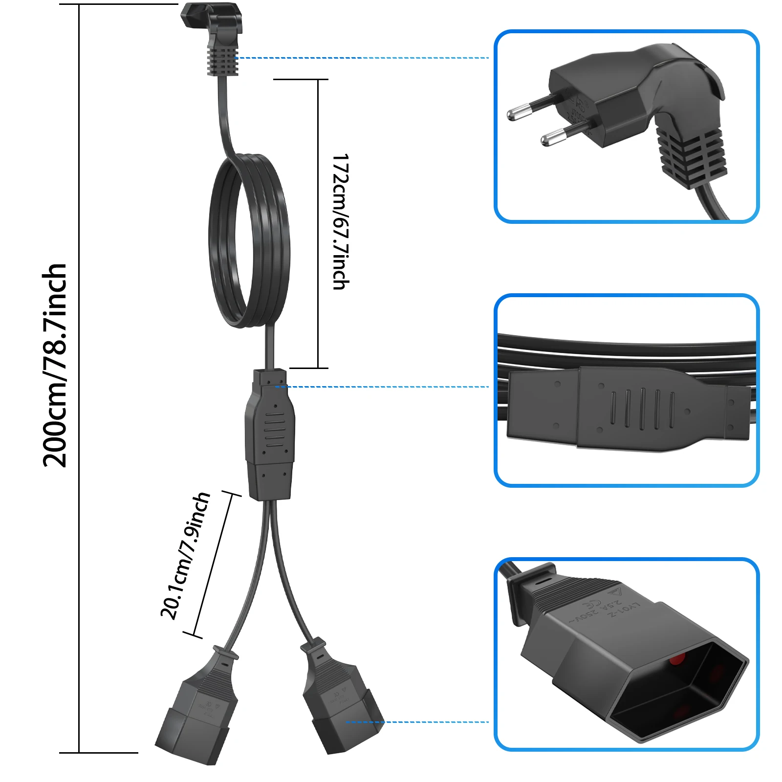 2m 90 Degree Extension Cable 2-Way Euro Plug Power Cord, Triple Type C Plug 2.5 A/250 V for TV, PC, Computer, Monitor, Projector