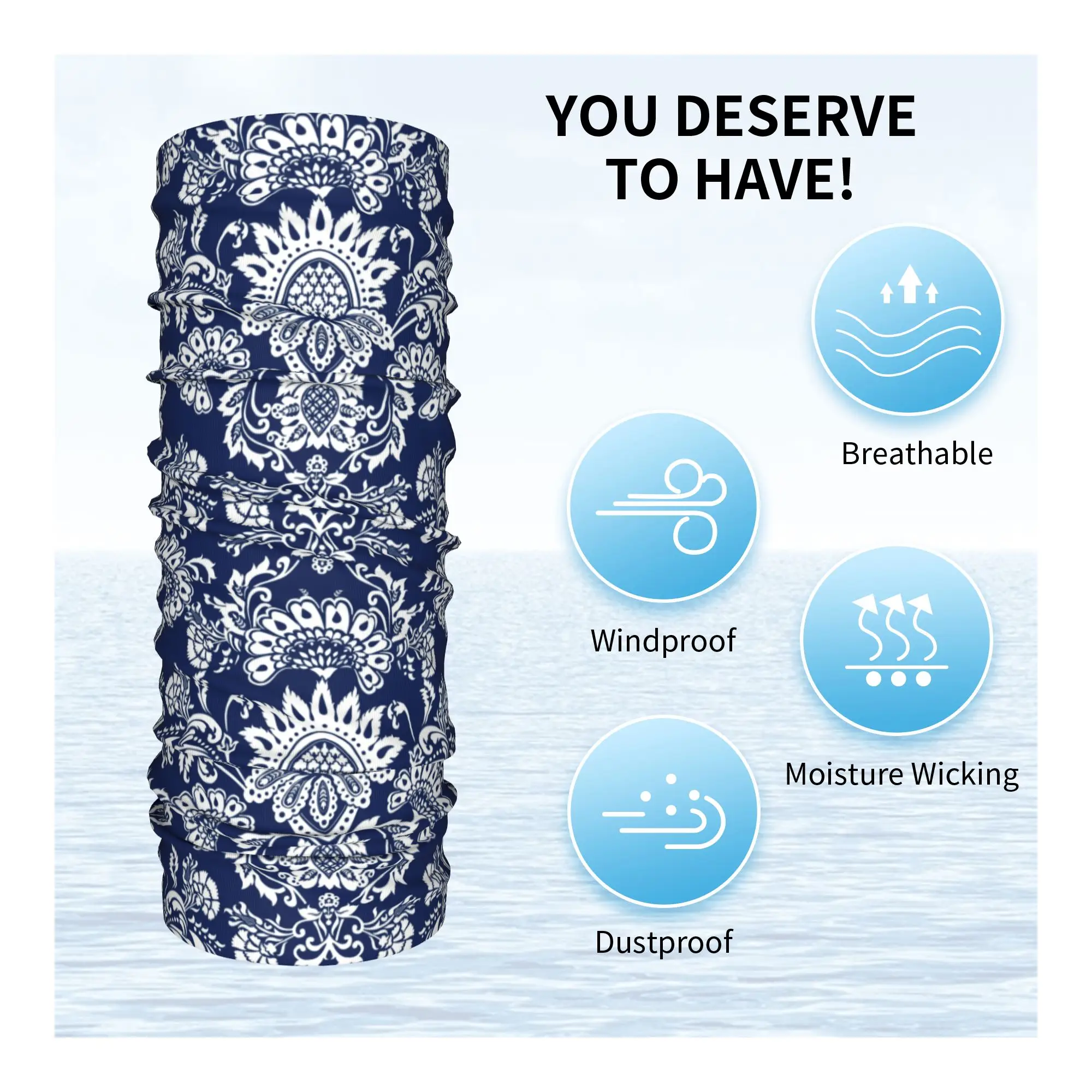 Custom White and Blue Damask Bandana Neck Gaiter for Ski Running Men Wrap Scarf Bohemian Floral Paisley Style Balaclava Warmer