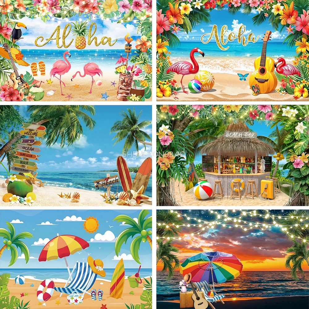 

Summer Hawaii Beach Backdrop Tropical Flowers Aloha Luau Sea Surfboard Holiday Party Birthday Photography Background XZ-01