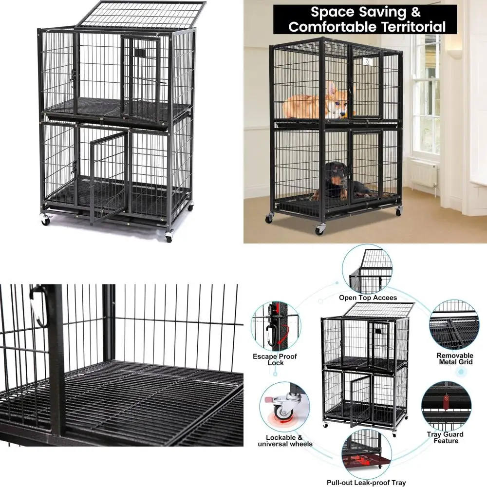 

Stackable 31 Inch Heavy-Duty Dog Crate with Four Lockable Wheels, Removable Tray, and Escape-Proof Wire Design