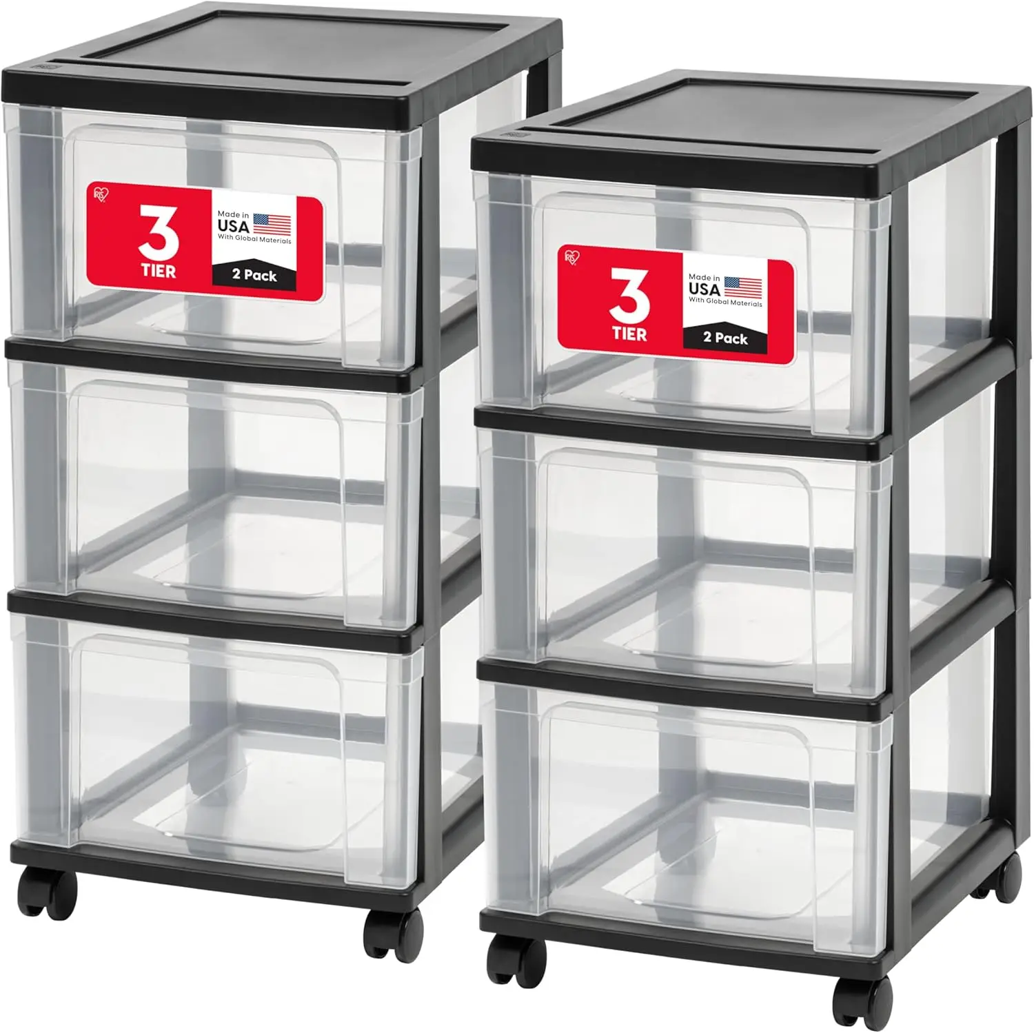 

3-Drawer Rolling Storage Cart with Wheels, Slim Design for Classroom Bathroom Dorm, Black/Clear, 2-Pack