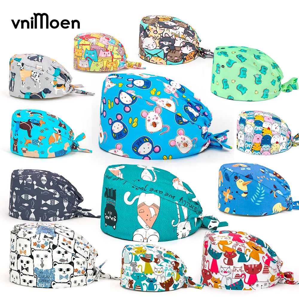 Wholesale Pet cat dog fish bird pet pattern Surgical Hat Unisex Adjustable Working Scrub Cap Print Doctor Nurse Biology work cap