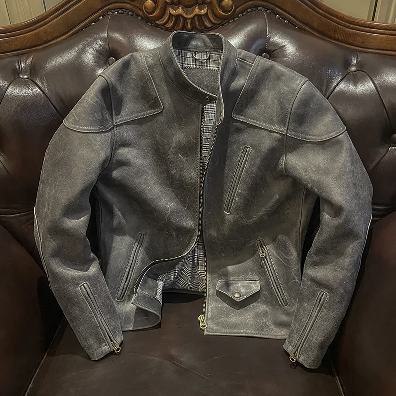 American Vintage Men's Motorcycle Leather Jacket Stand-Up Collar Multi-Pocket Pure Cowhide Spring Autumn Chaqueta Cuero Hombre