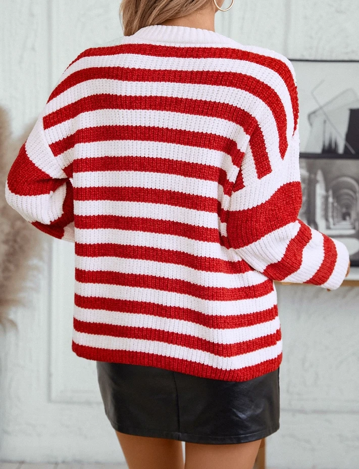 Casual and Fashionable Striped Color Blocked Sweater for Women Round Neck Long Sleeve Clothing Top Pullover